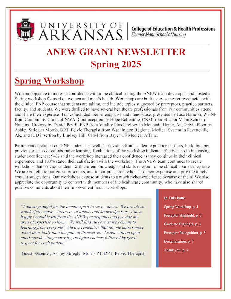 First page of ANEW Grant Spring 2025 newsletter
