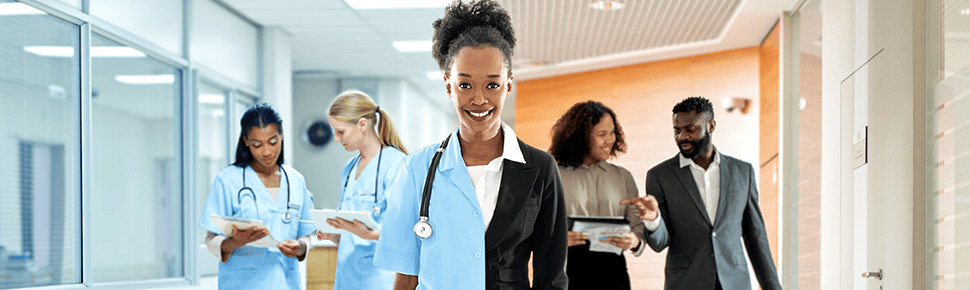 Photo illustration of students in medical and business settings