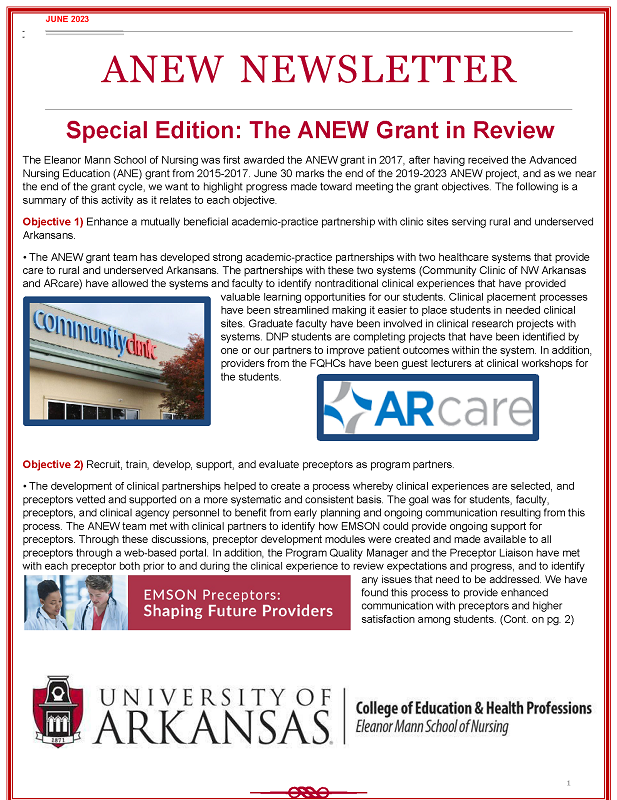 First page of ANEW Grant June 2023 newsletter